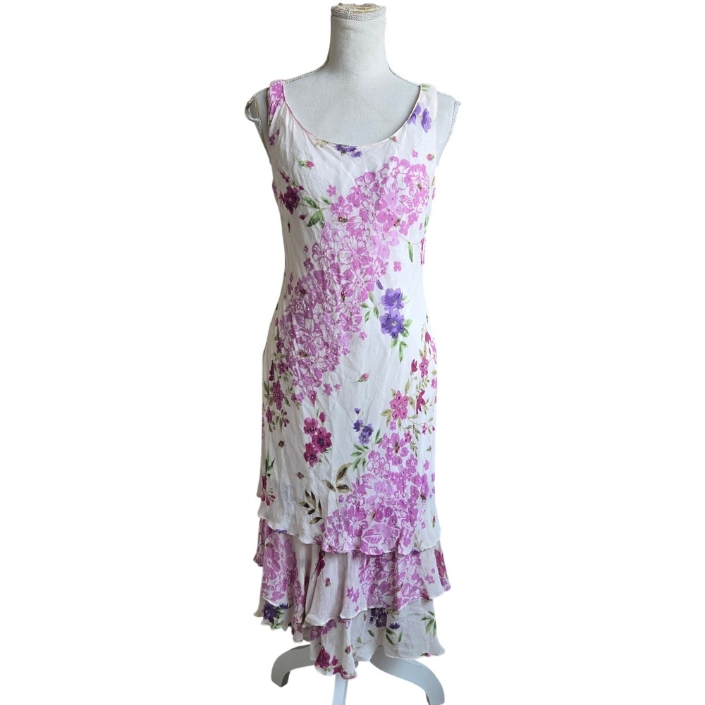 Bella Blue Size 10 Floral Beaded‎ Scoop Neck Ruffle Hem Midi Dress Feminine